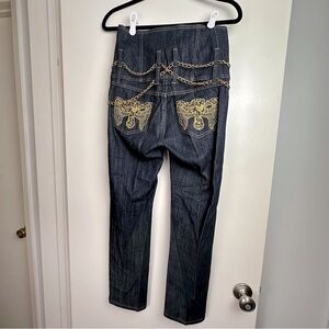 G-Unit Y2KVintage Super HighRise Embroidered Cross Wings Gold Chain Belt Jeans 3